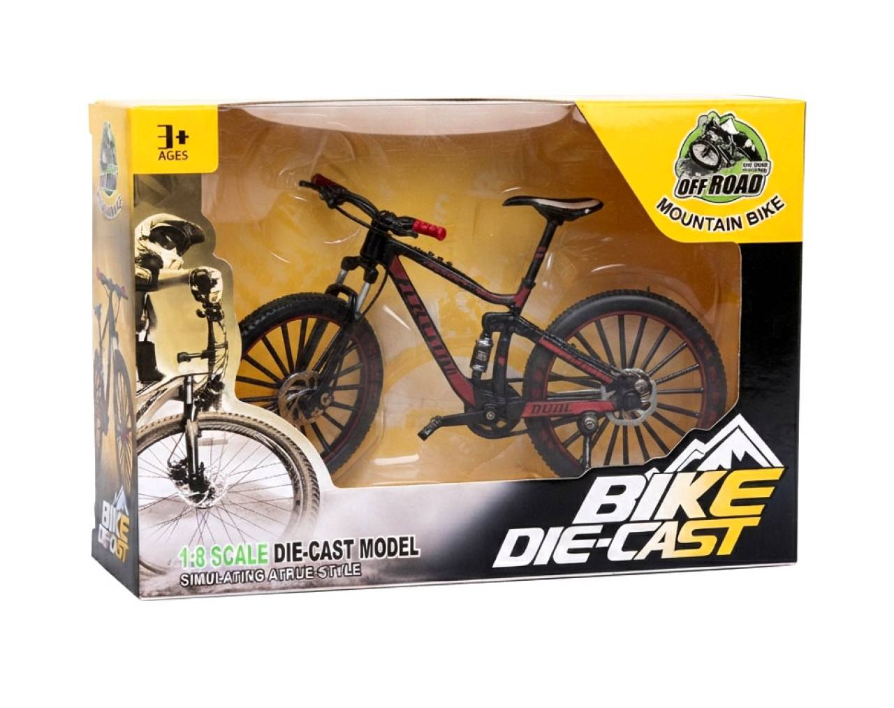Bicycle Black & Red with Custom Spoked Wheels Escala 1:8 - Bike Die-Cast Mountain Metal Bike