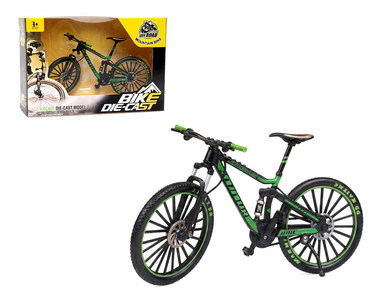 Bicycle Black & Green with Custom Spoked Wheels Escala 1:8 - Bike Die-Cast Mountain Metal Bike