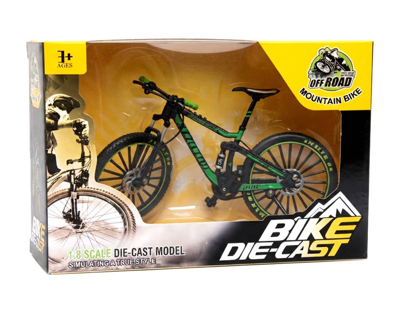 Bicycle Black & Green with Custom Spoked Wheels Escala 1:8 - Bike Die-Cast Mountain Metal Bike