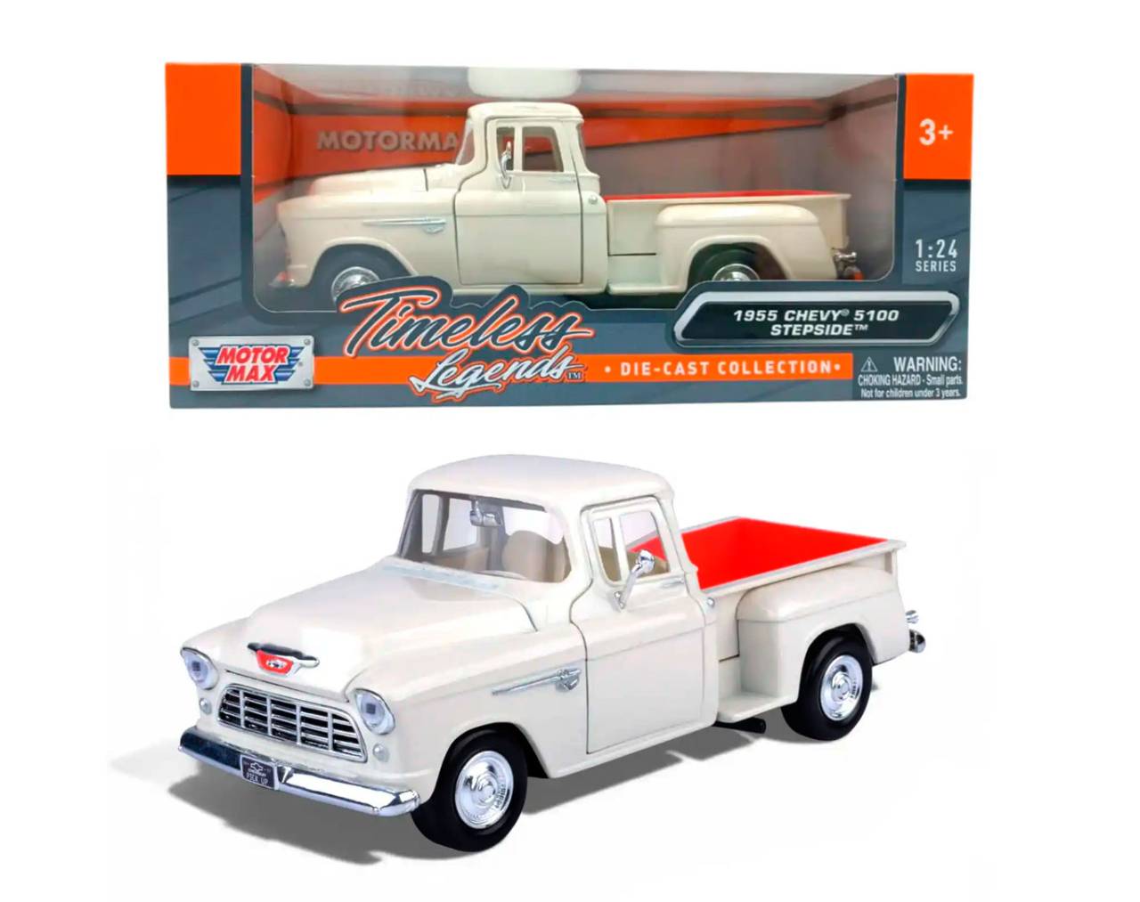1955 Chevy 3100 Stepside (WHite & Red) (Escala 1:24) - Timeless Legends - Die-Cast Motor Max