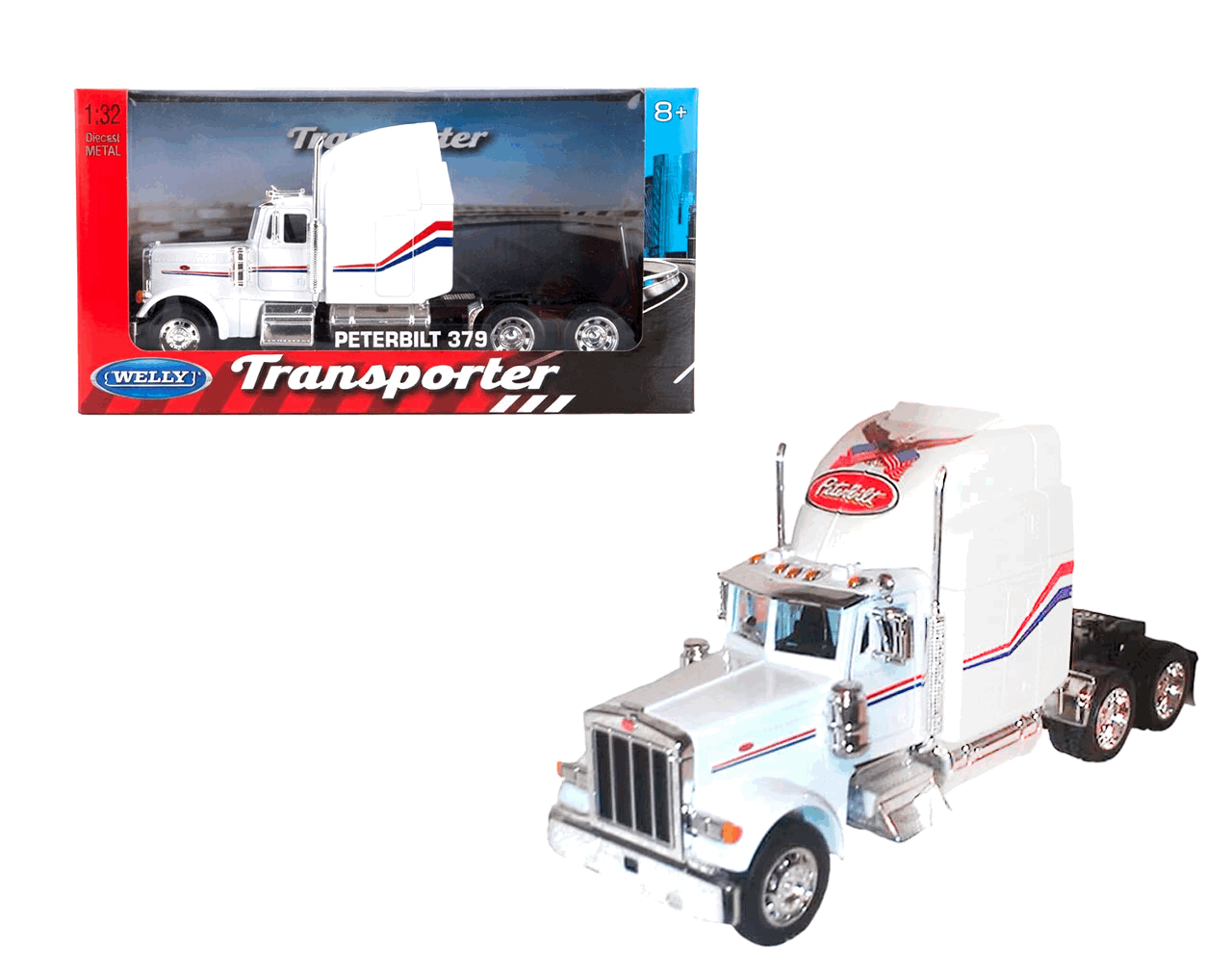 Truck Cab Peterbilt 379 (White) - Trailer Escala 1:32 - Transporter Die-Cast Welly