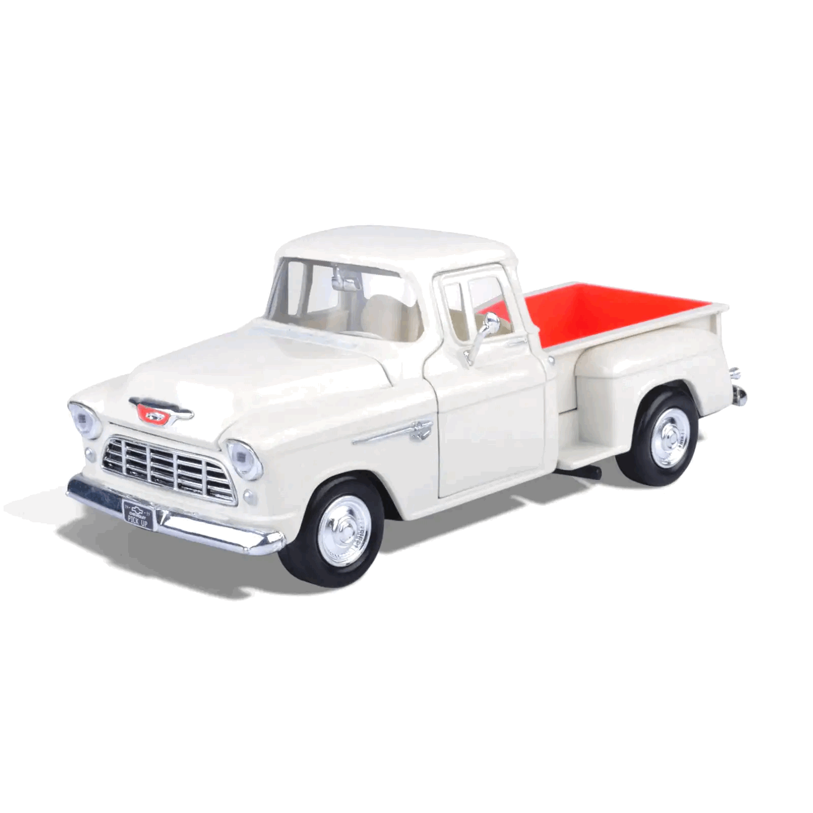 1955 Chevy 3100 Stepside (WHite & Red) (Escala 1:24) - Timeless Legends - Die-Cast Motor Max