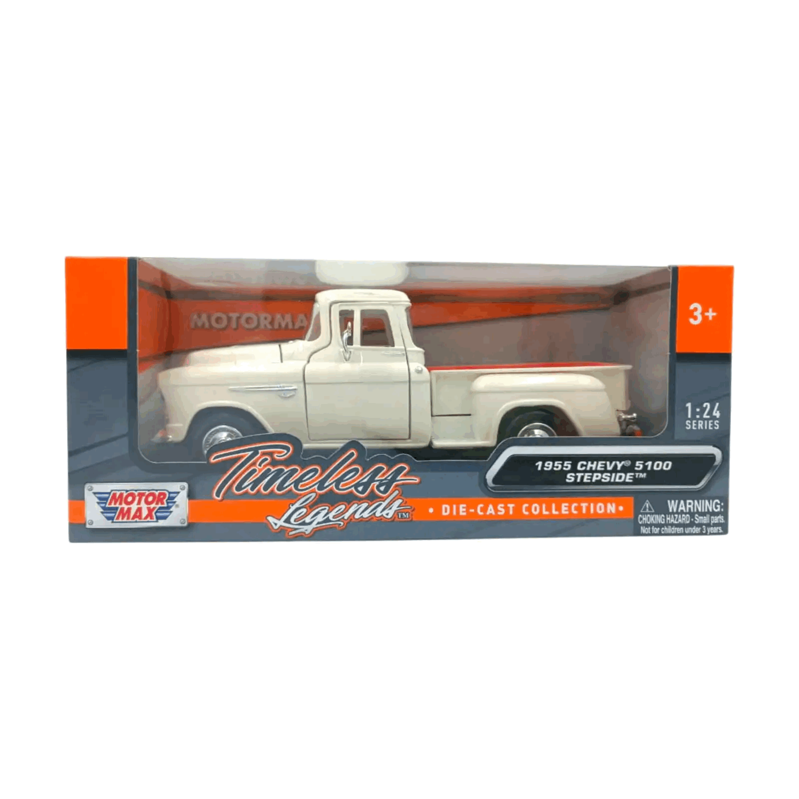 1955 Chevy 3100 Stepside (WHite & Red) (Escala 1:24) - Timeless Legends - Die-Cast Motor Max